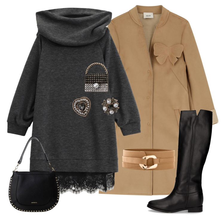Outfit donna - Tessuti caldi avvolgenti!. Stile Trendy per Serata fuori. Abbinamento con cinture, vestiti asimmetrici, cappotti, borse a spalla, accessori per capelli, stivali.