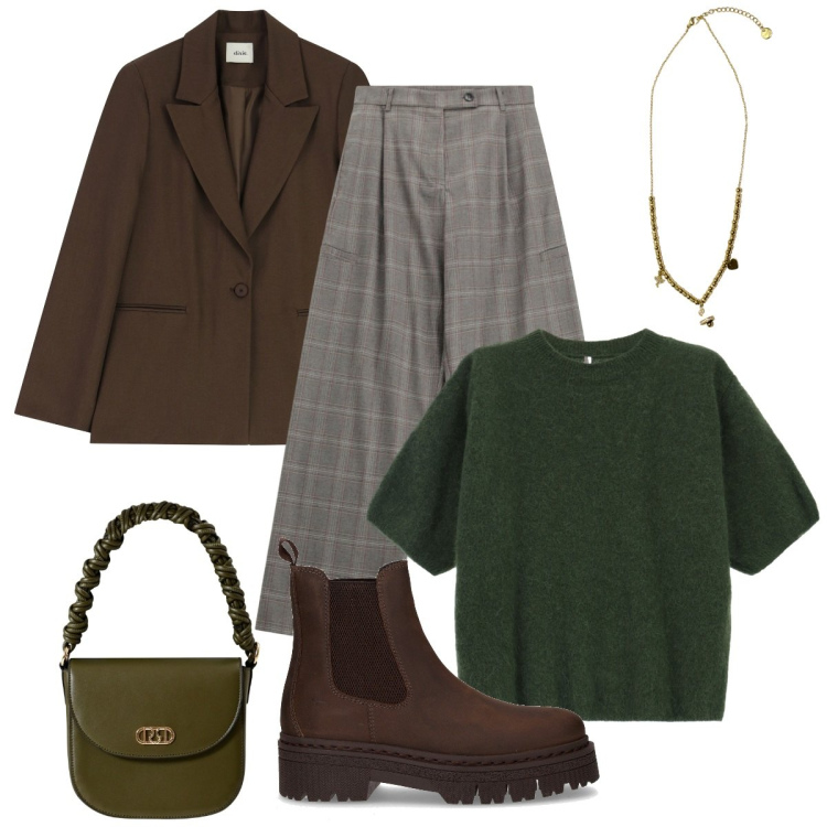 Outfit donna - Pullover verde bosco. Stile Basic per Ufficio. Abbinamento con borse a mano, maglieria, pantaloni a palazzo, blazer, ciondoli, stivaletti chelsea.