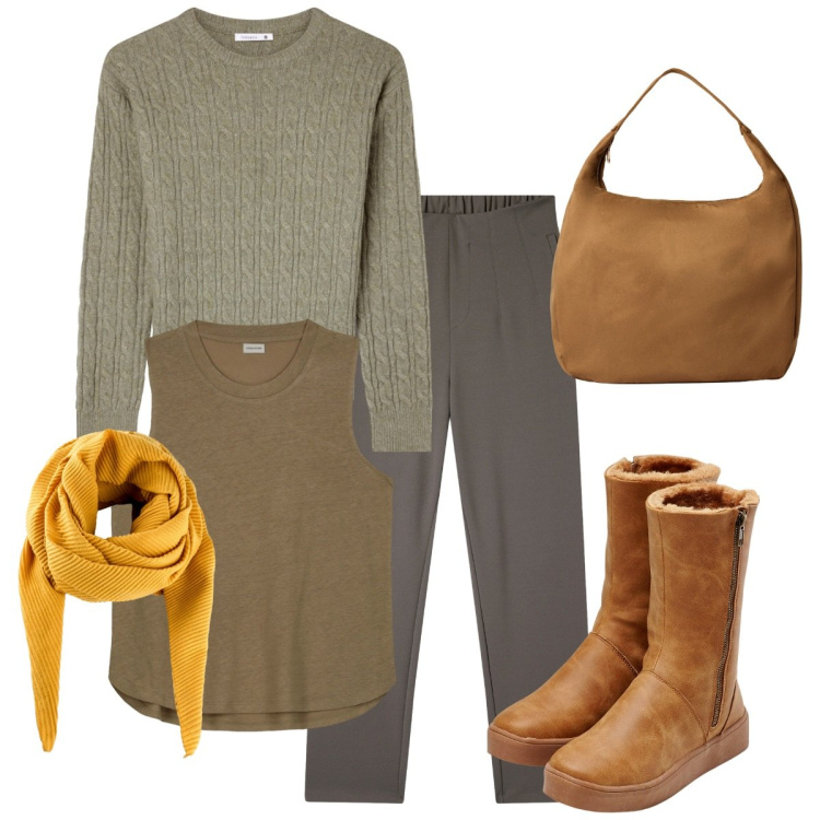 Outfit donna - Comoda di giorno. Stile Basic per Tutti i giorni. Abbinamento con foulard, stivali, borse a mano, maglieria, pantaloni chino, top.