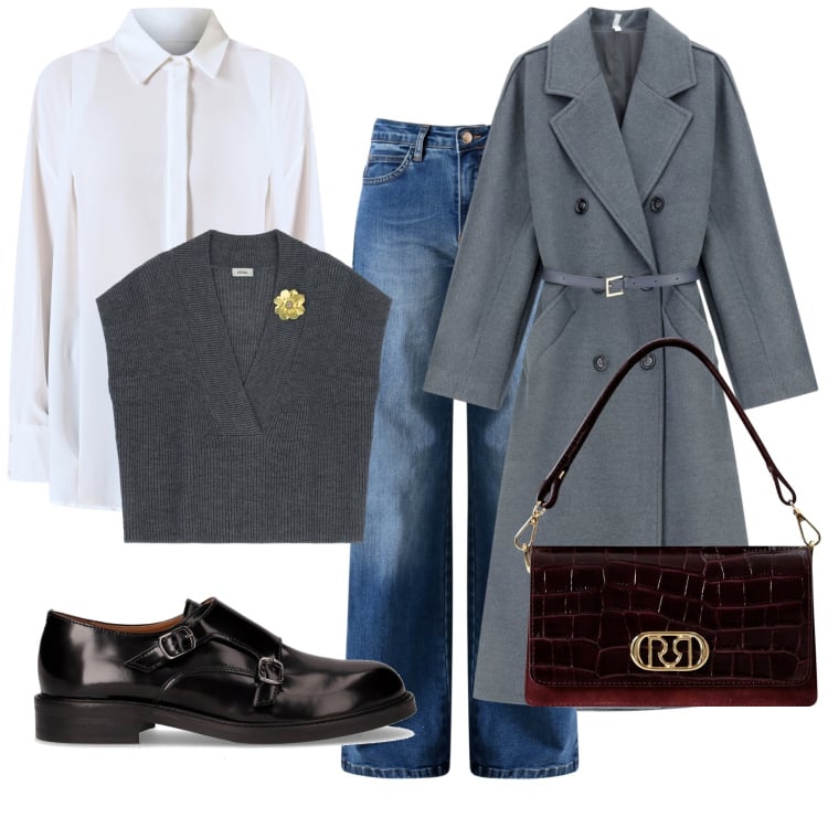 Outfit donna - Al cinema con gli amici. Stile Casual chic per Serata fuori. Abbinamento con maglieria, jeans, borse a mano, camicie, cappotti, mocassini.