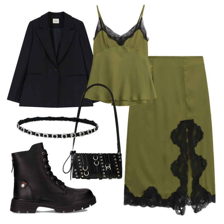 Outfit donna - Serata con gli amici!. Stile Urban per Serata fuori. Abbinamento con borse a spalla, cinture, gonne longuette, top, blazer, anfibi.