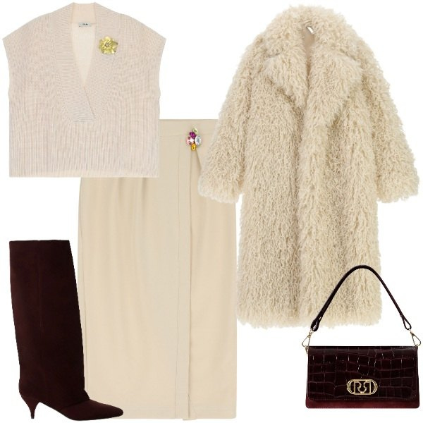 Outfit donna - In chiaro super chic. Stile Chic per Serata fuori. Abbinamento con maglieria, stivali, gonne, borse a mano, cappotti.