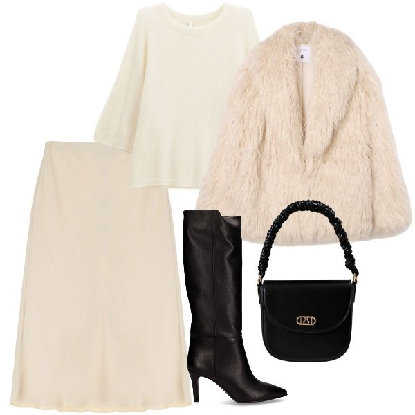 Outfit donna - Chiarore invernale. Stile Chic per Serata fuori. Abbinamento con ecopellicce, borse a mano, maglieria, gonne, stivali.