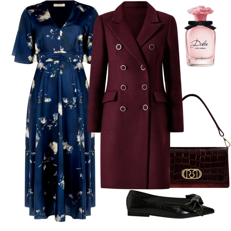 Outfit donna - Il vestito di seta blu. Stile Chic per Cerimonia. Abbinamento con profumi, vestiti lunghi, cappotti, ballerine, borse a mano.