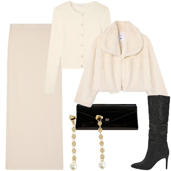 Outfit donna - Chiarore invernale. Stile Chic per Serata fuori. Abbinamento con orecchini, gonne lunghe, cardigans, stivali, ecopellicce, pochette.