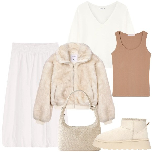 Outfit donna - In chiaro per l\'inverno. Stile Urban per Tutti i giorni. Abbinamento con gonne, shopping bag, ecopellicce, stivaletti, top, maglieria.