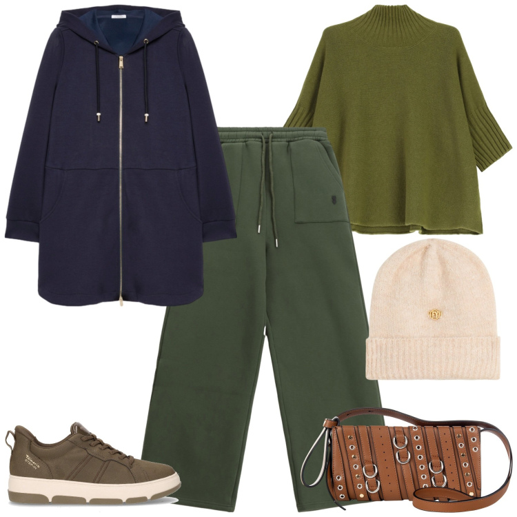 Outfit donna - Passeggiata tra le foglie. Stile Sporty chic per Tutti i giorni. Abbinamento con pantaloni sportivi, borse a spalla, maglieria, berretti, felpe con cappuccio, sneakers.