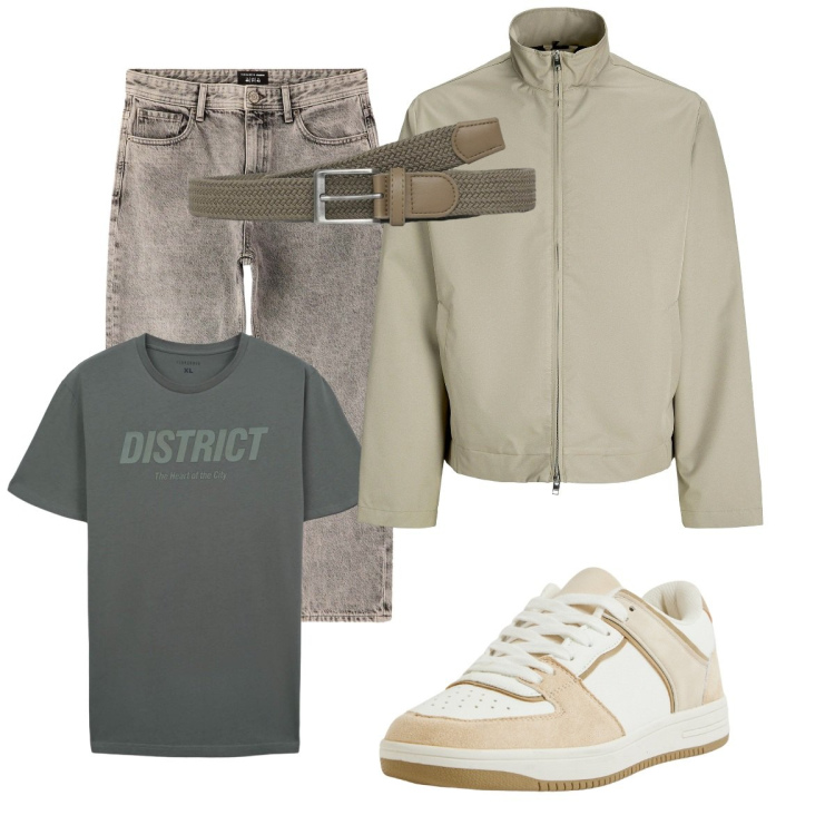 Outfit uomo - Look October. Stile Casual per Tutti i giorni. Abbinamento con giacche, sneakers, cinture, jeans dritti, t-shirt.