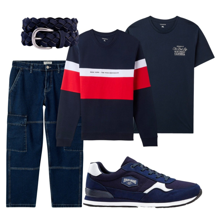 Outfit uomo - Total look n.1. Stile Casual per Tutti i giorni. Abbinamento con sneakers, jeans, felpe con cappuccio, t-shirt, cinture.