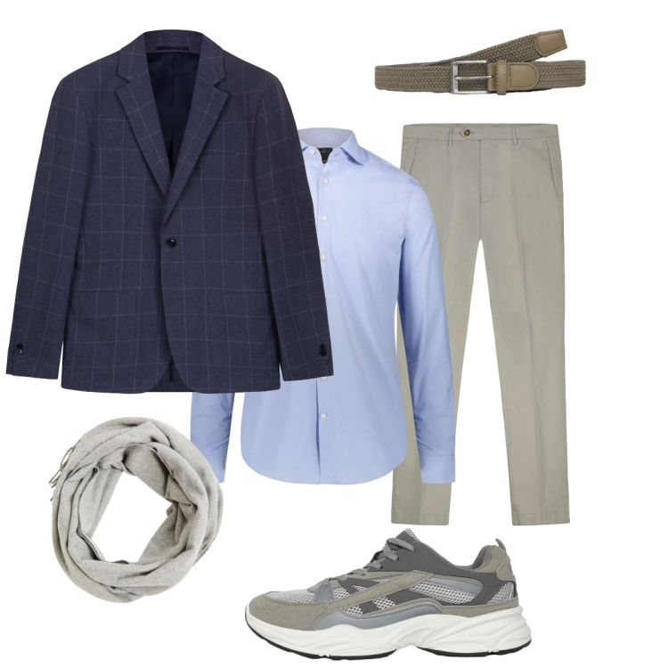 Outfit uomo - La giacca con le sneakers. Stile Trendy per Ufficio. Abbinamento con sciarpe, cinture, sneakers, camicie, giacche, pantaloni chino.