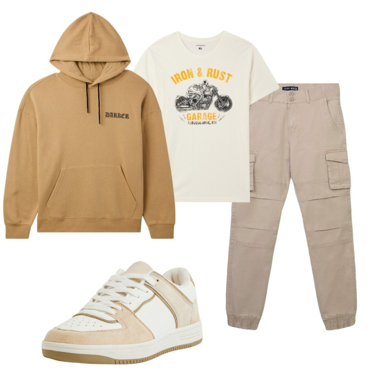 Outfit uomo - Look n. 3. Stile Casual per Tutti i giorni. Abbinamento con t-shirt, felpe con cappuccio, sneakers, pantaloni cargo.