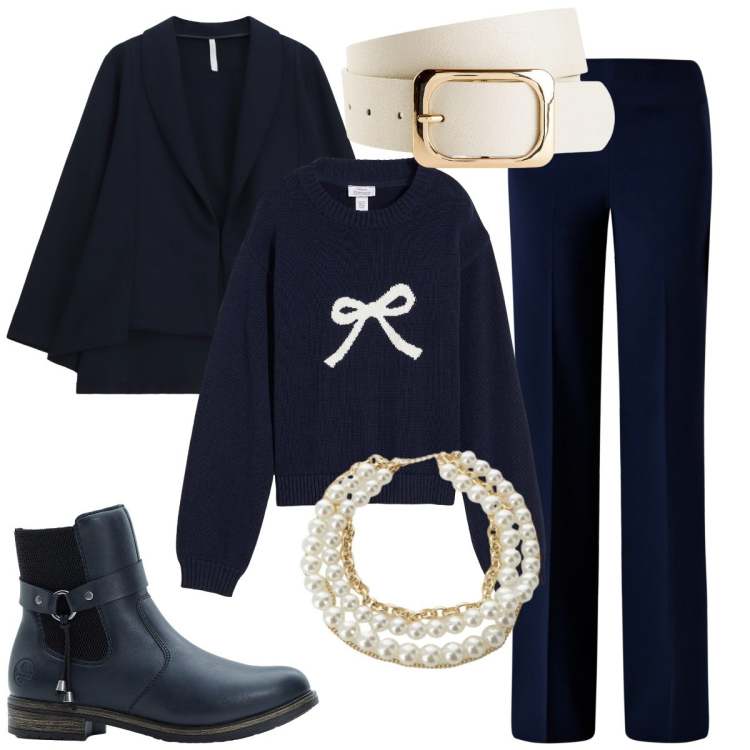 Outfit donna - La maglia col fiocco. Stile Basic per Tutti i giorni. Abbinamento con maglieria, cinture, stivaletti chelsea, collane, pantaloni a palazzo, blazer.
