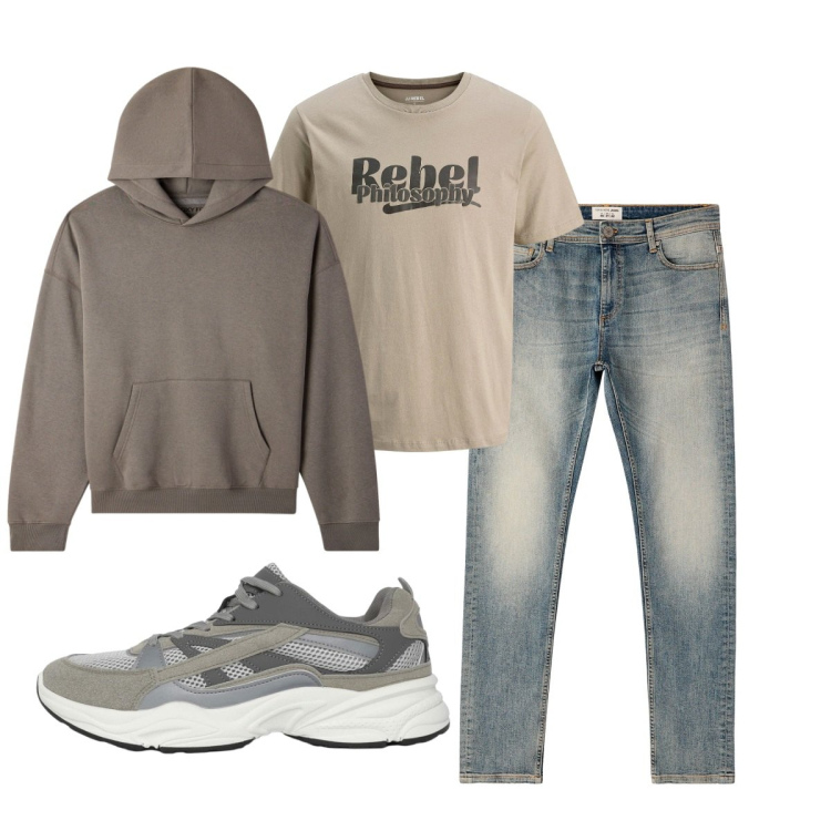 Outfit uomo - Total look #2266055. Stile Casual per Tutti i giorni. Abbinamento con t-shirt, sneakers, jeans skinny, felpe con cappuccio.