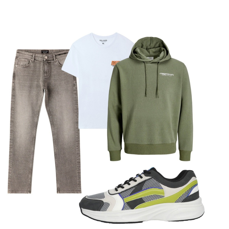 Outfit uomo - Total look #2266057. Stile Casual per Tutti i giorni. Abbinamento con felpe con cappuccio, t-shirt, jeans, sneakers.