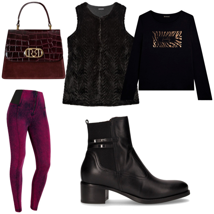 Outfit donna - Dettagli in velluto. Stile Casual per Tutti i giorni. Abbinamento con borse a mano, jeggings, t-shirt, stivaletti, maglieria.