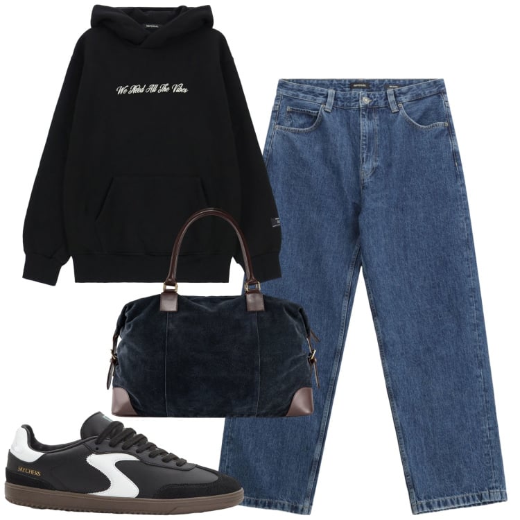 Outfit uomo - City. Stile Casual per Tutti i giorni. Abbinamento con sneakers, felpe con cappuccio, jeans, borse sportive.