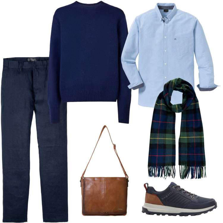 Outfit uomo - Blu glamour. Stile Casual per Tutti i giorni. Abbinamento con camicie, pantaloni, sneakers, borse sportive, pullovers, sciarpe.
