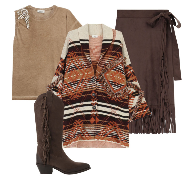 Outfit donna - Total look #2266101. Stile Boho per Tutti i giorni. Abbinamento con gonne, cappotti, stivali, t-shirt.