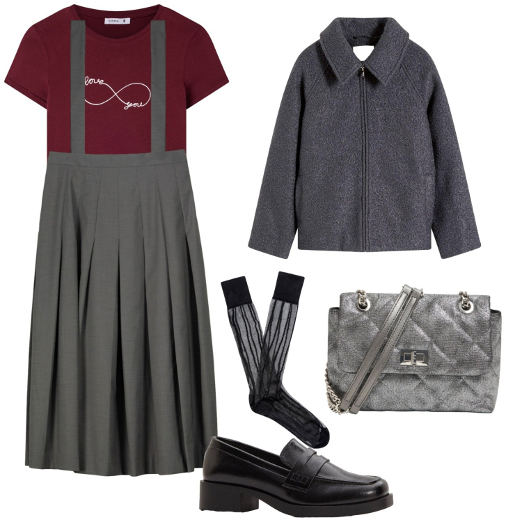 Outfit donna - Comoda. per Scuola/Università. Abbinamento con blazer, mocassini, t-shirt, borse a tracolla, gonne lunghe, calzini.