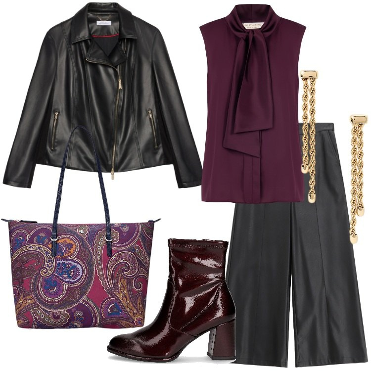 Outfit donna - Serata tra amiche - Focus Donna Curvy. Stile Urban per Serata fuori. Abbinamento con pantaloni, top, orecchini, borse tote, stivaletti, giacche.