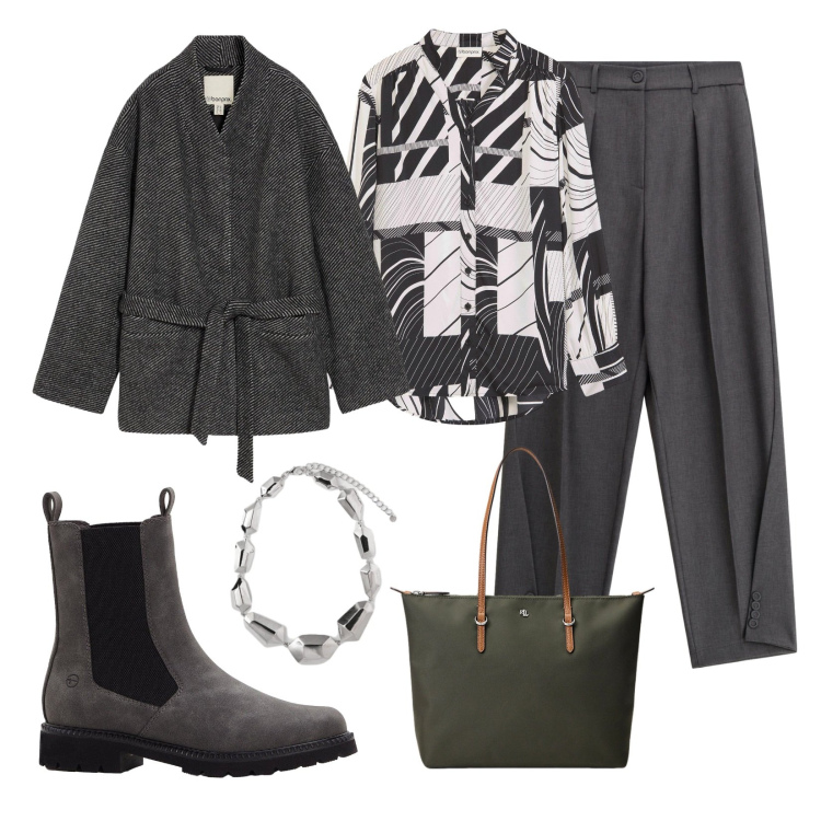 Outfit donna - Coprispalle in lana. Stile Casual chic per Ufficio. Abbinamento con blazer, bluse, stivaletti chelsea, pantaloni, borse tote, ciondoli.