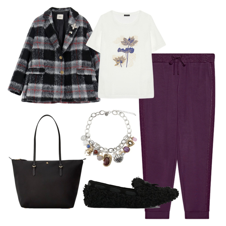 Outfit donna - Le prime giornate fresche!. Stile Casual chic per Tutti i giorni. Abbinamento con blazer, braccialetti con ciondoli, borse tote, t-shirt, mocassini, pantaloni.