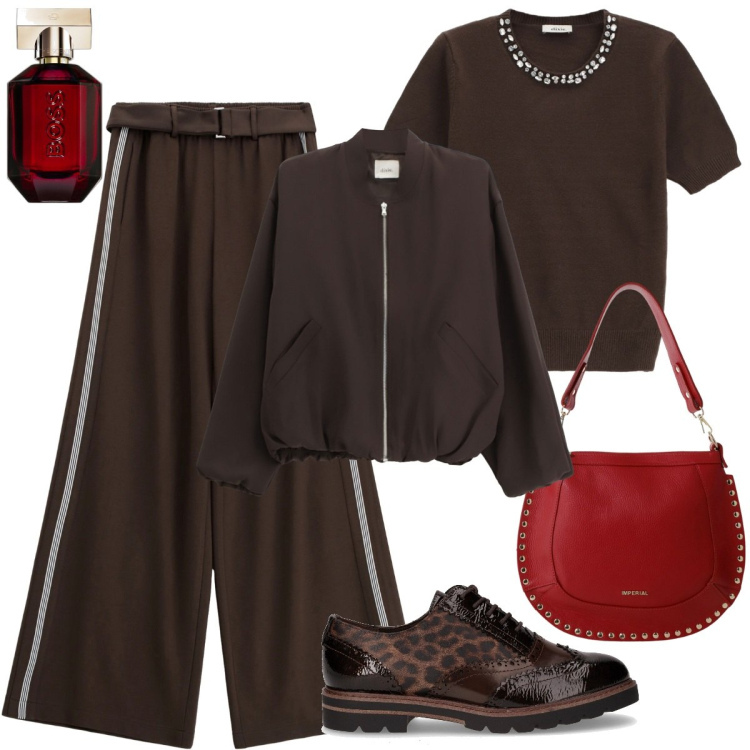 Outfit donna - Total look #2266109. Stile Sporty chic per Tutti i giorni. Abbinamento con profumi, pantaloni a palazzo, borse a spalla, maglieria, bomber, scarpe stringate.