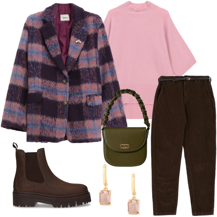 Outfit donna - Giacca in lana. Stile Urban per Tutti i giorni. Abbinamento con borse a mano, pantaloni chino, maglieria, blazer, orecchini, stivaletti chelsea.