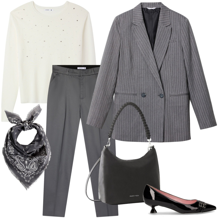 Outfit donna - La giacca di lana. Stile Casual chic per Ufficio. Abbinamento con borse a mano, foulard, maglieria, pantaloni chino, blazer, décolleté.