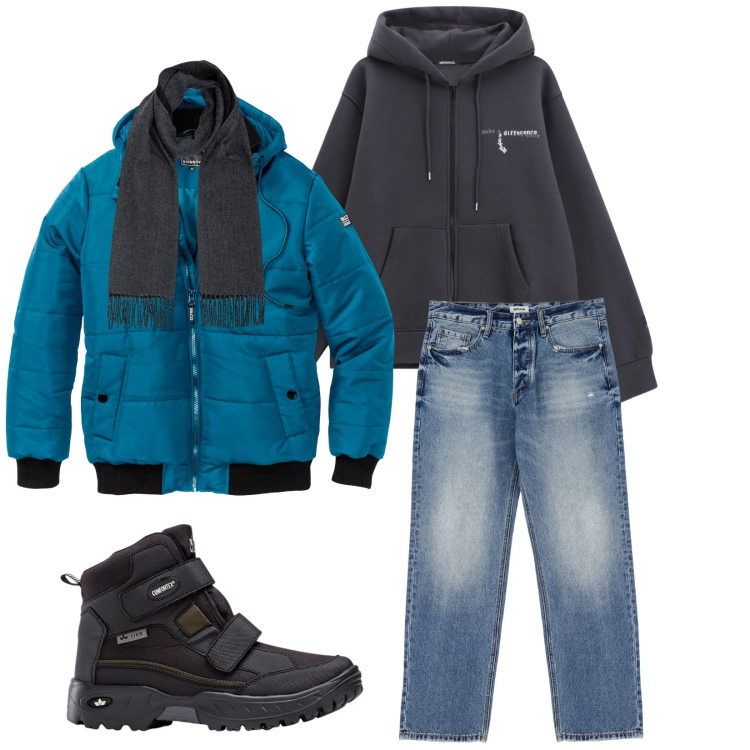 Outfit uomo - Total look #2266117. Stile Trendy per Tutti i giorni. Abbinamento con stivali e stivaletti, bomber, jeans, felpe con cappuccio, sciarpe.