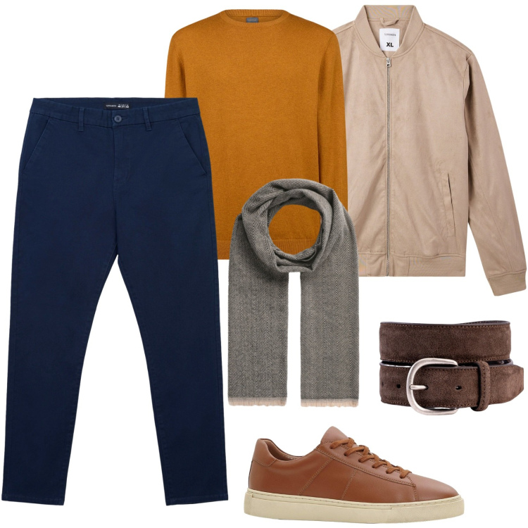Outfit uomo - Urban autunnale. Stile Urban per Tutti i giorni. Abbinamento con sneakers, bomber, sciarpe, pantaloni chino, maglieria, cinture.