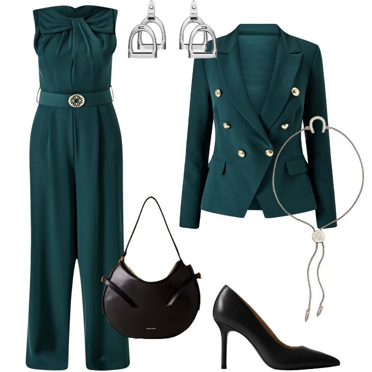 Outfit donna - Total look #2266125. Stile Chic per Cerimonia. Abbinamento con tute, blazer, borse a spalla, orecchini, braccialetti con ciondoli, décolleté.