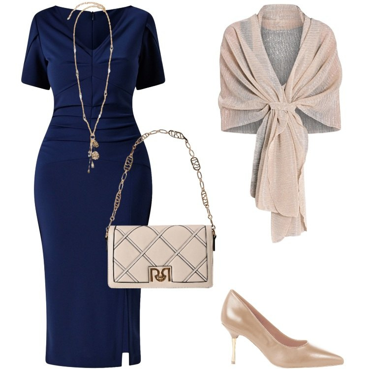 Outfit donna - Total look #2266129. Stile Glamour per Cerimonia. Abbinamento con stole, décolleté, borse a tracolla, vestiti midi/longuette, ciondoli.