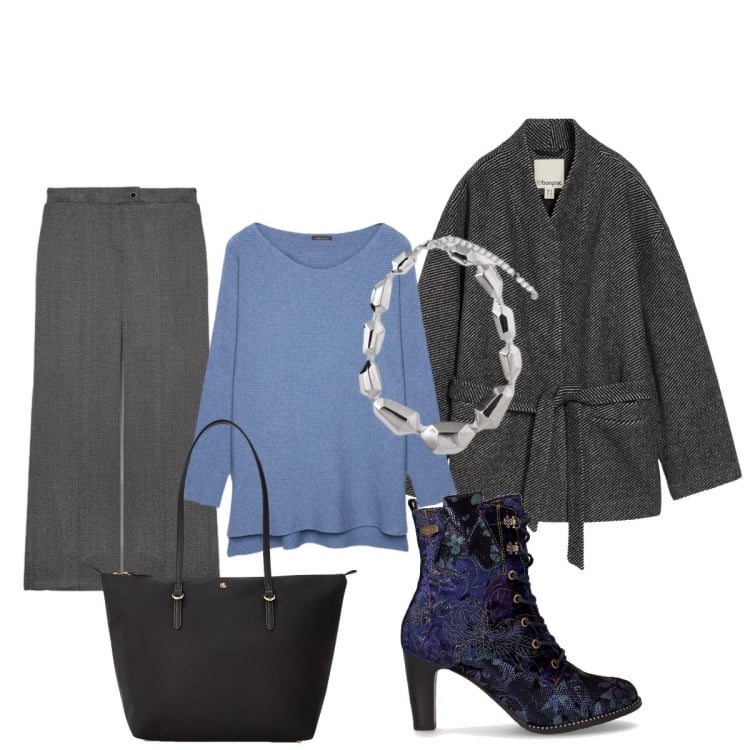 Outfit donna - Per le giornate fresche. Stile Bon Ton per Ufficio. Abbinamento con blazer, borse tote, maglieria, pantaloni, stivaletti, ciondoli.