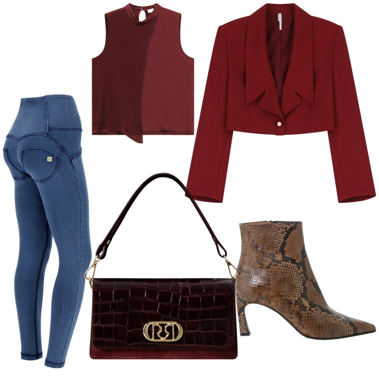 Outfit donna - Classica con jeans e giacca. Stile Casual chic per Ufficio. Abbinamento con stivaletti, top, borse a mano, blazer, jeggings.