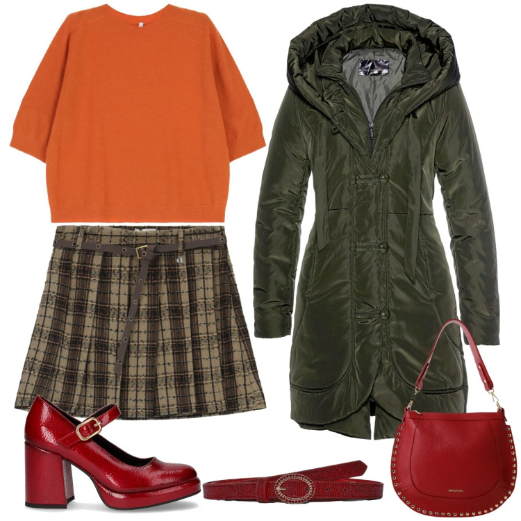 Outfit donna - Orange. Stile Bon Ton per Scuola/Università. Abbinamento con blazer, cinture, maglieria, borse a spalla, minigonne, décolleté.