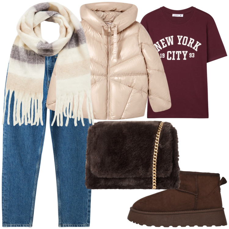 Outfit donna - Terranova total look. Stile Casual chic per Tutti i giorni. Abbinamento con jeans mom, sciarpe, t-shirt, giacche, stivaletti, borse a tracolla.