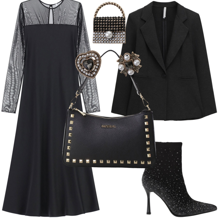 Outfit donna - Col nero sempre serate Imperial. Stile Glamour per Serata fuori. Abbinamento con vestiti lunghi, pochette, stivaletti, accessori per capelli, blazer.