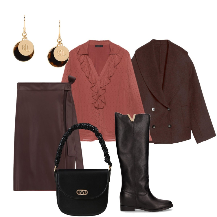 Outfit donna - In ufficio. Stile Bon Ton per Ufficio. Abbinamento con caban, gonne longuette, borse a mano, orecchini, bluse, stivali.