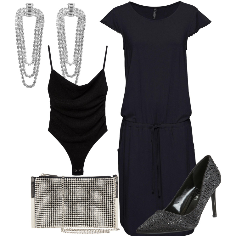 Outfit donna - Il tubino nero tutto wow e low cost. Stile Glamour per Serata fuori. Abbinamento con vestiti midi/longuette, décolleté, orecchini, body, pochette.