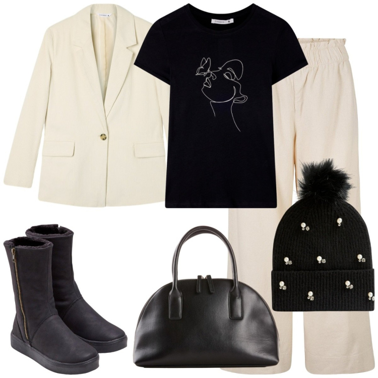 Outfit donna - La t-shirt nera. Stile Basic per Tutti i giorni. Abbinamento con stivali, pantaloni culotte, shopping bag, berretti, t-shirt, blazer.