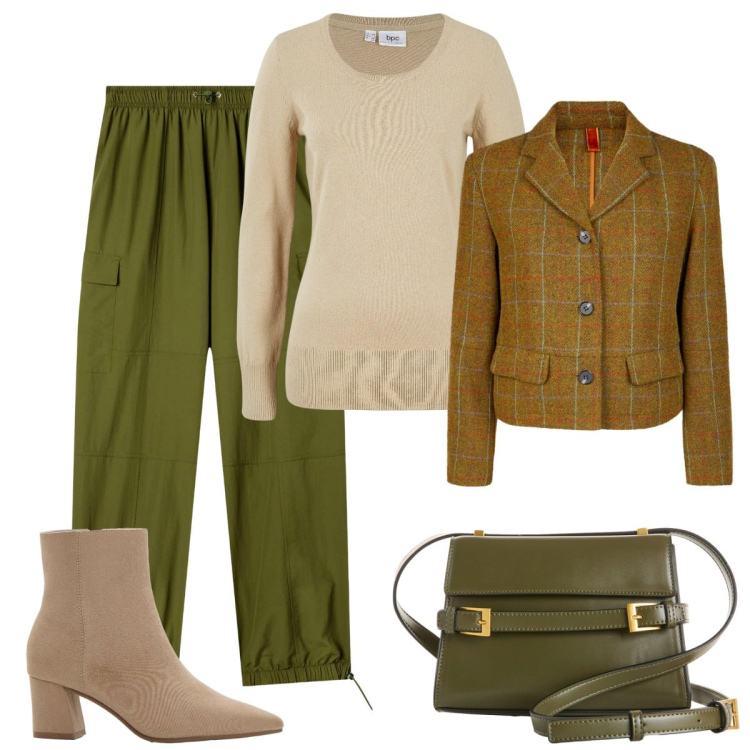 Outfit donna - Verde. Stile Basic per Tutti i giorni. Abbinamento con maglieria, stivaletti, borse a tracolla, pantaloni cargo, blazer.