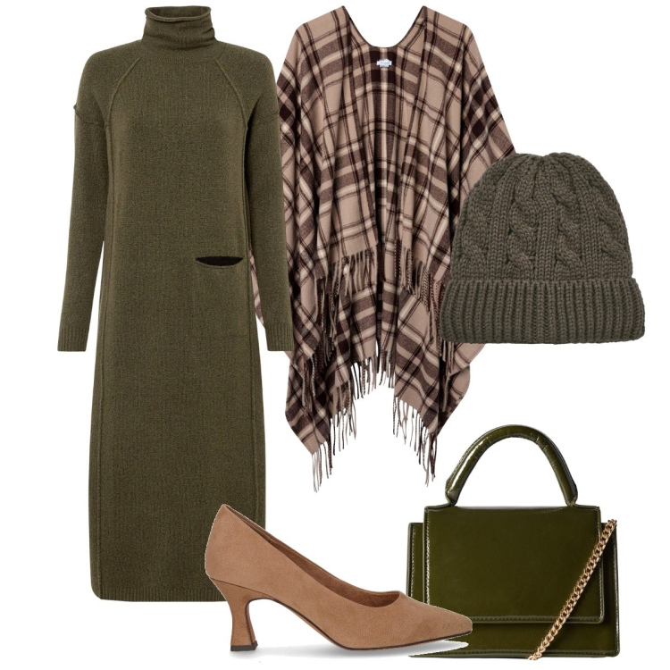 Outfit donna - L\'abito verde bosco. Stile Basic per Tutti i giorni. Abbinamento con vestiti, borse a tracolla, cappotti, berretti, décolleté.