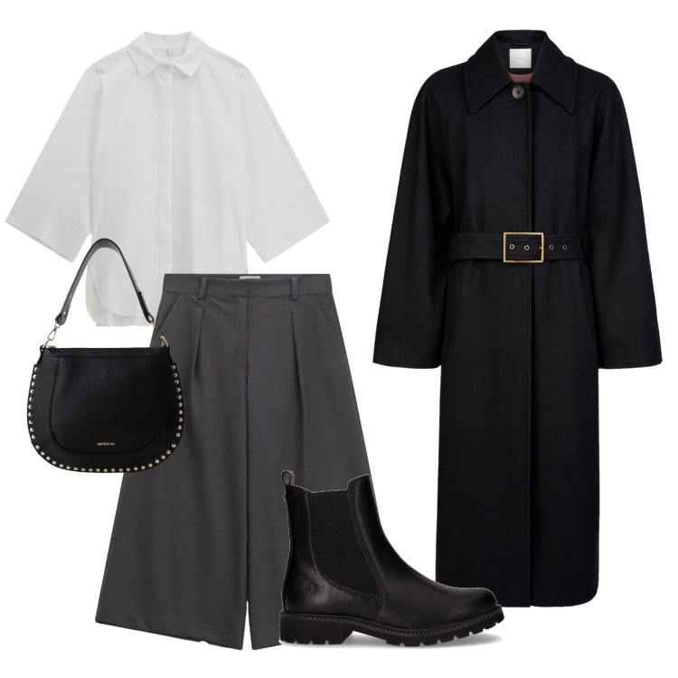 Outfit donna - Pomeriggio di shopping. Stile Casual per Tutti i giorni. Abbinamento con borse a spalla, camicie, pantaloni a palazzo, stivaletti chelsea, cappotti.