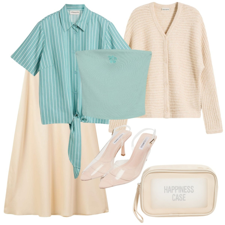 Outfit donna - Il nodo. Stile Basic per Tutti i giorni. Abbinamento con camicie a manica corta, cardigans, sandali col tacco, gonne lunghe, top, valigie.