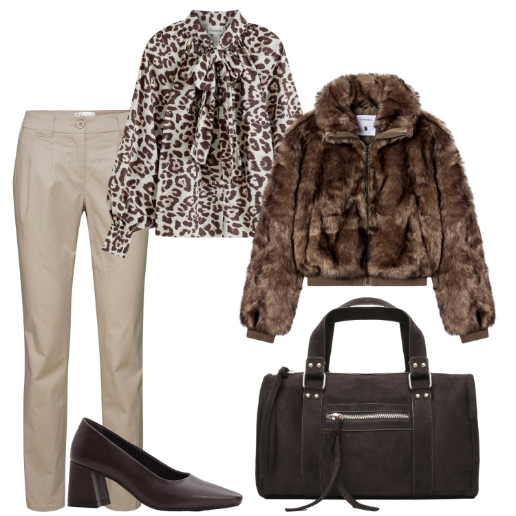 Outfit donna - In beige e marron. Stile Sexy per Tutti i giorni. Abbinamento con pantaloni chino, camicie, décolleté, borse a mano, ecopellicce.
