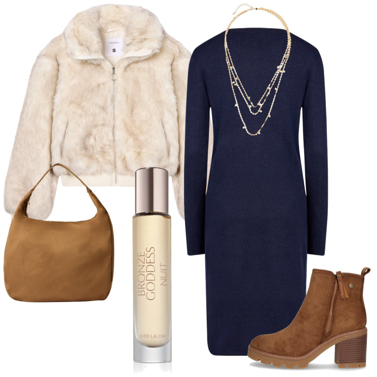 Outfit donna - Total look #2266160. Stile Glamour per Serata fuori. Abbinamento con collane, profumi, borse a mano, ecopellicce, vestiti midi/longuette, stivaletti.