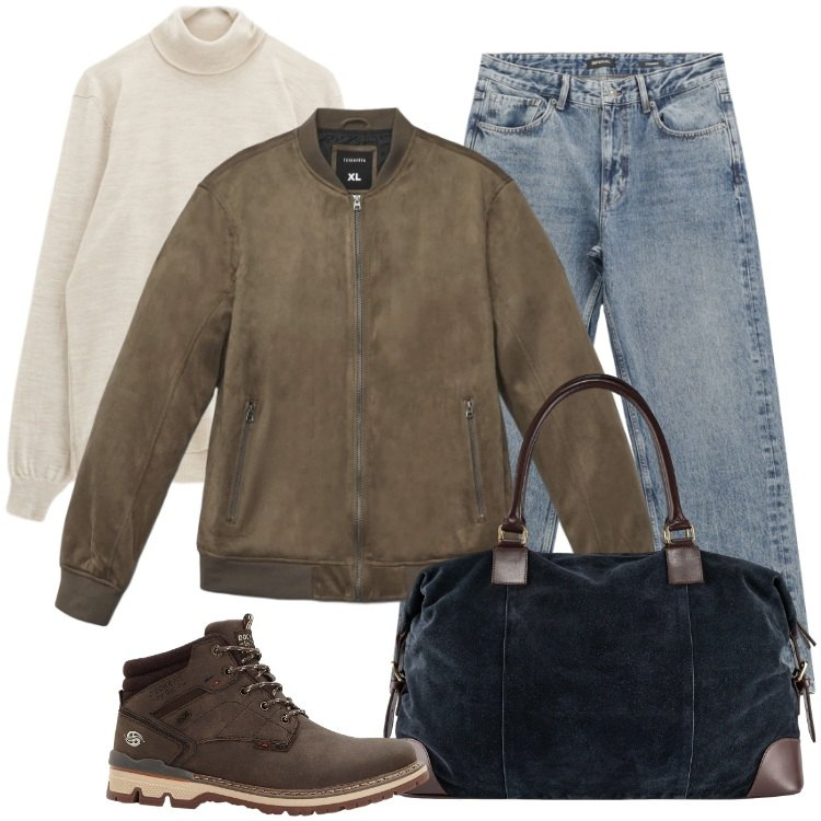 Outfit uomo - Pratico con stile. Stile Urban per Tutti i giorni. Abbinamento con stivali e stivaletti, giacche, jeans dritti, maglieria, borse sportive.