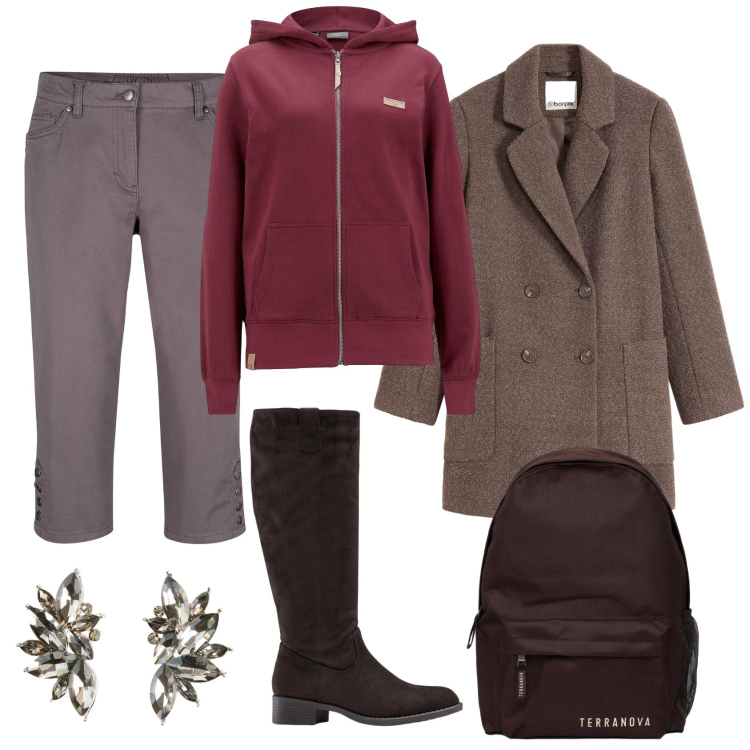 Outfit donna - Total look #2266164. Stile Casual chic per Tutti i giorni. Abbinamento con felpe con cappuccio, pantaloni, stivali, orecchini, cappotti, zaini.