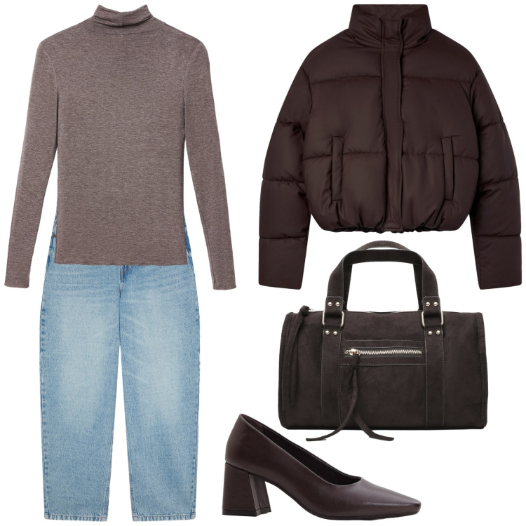 Outfit donna - Marron. Stile Casual per Tutti i giorni. Abbinamento con décolleté, borse a mano, jeans, t-shirt, bomber.